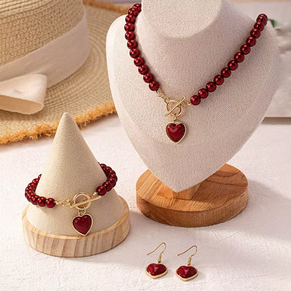 Elegant Pearl Heart Pendant Jewelry Set Light Luxury Fashionable Matching Necklace Bracelet 2Pcs Earring 3Pcs Party Wedding Gift