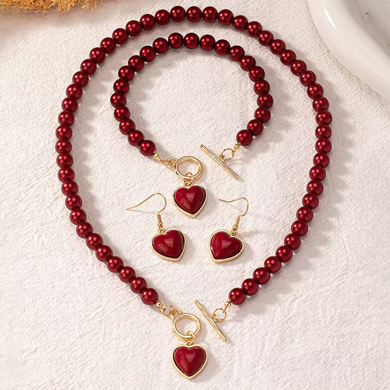 Elegant Pearl Heart Pendant Jewelry Set Light Luxury Fashionable Matching Necklace Bracelet 2Pcs Earring 3Pcs Party Wedding Gift