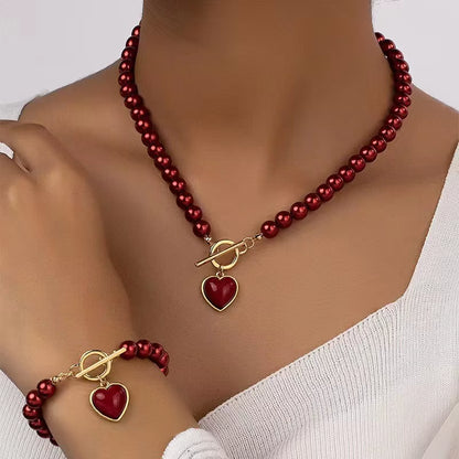 Elegant Pearl Heart Pendant Jewelry Set Light Luxury Fashionable Matching Necklace Bracelet 2Pcs Earring 3Pcs Party Wedding Gift