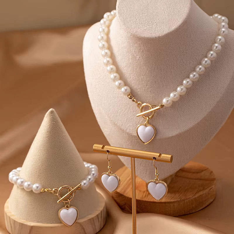 Elegant Pearl Heart Pendant Jewelry Set Light Luxury Fashionable Matching Necklace Bracelet 2Pcs Earring 3Pcs Party Wedding Gift