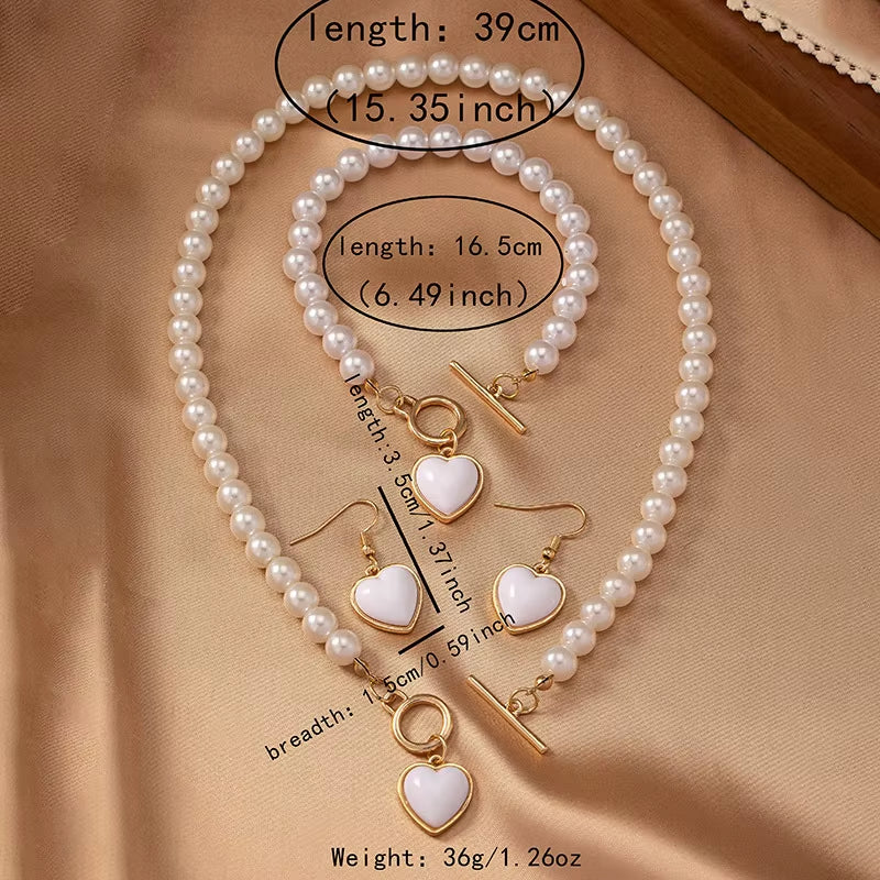 Elegant Pearl Heart Pendant Jewelry Set Light Luxury Fashionable Matching Necklace Bracelet 2Pcs Earring 3Pcs Party Wedding Gift