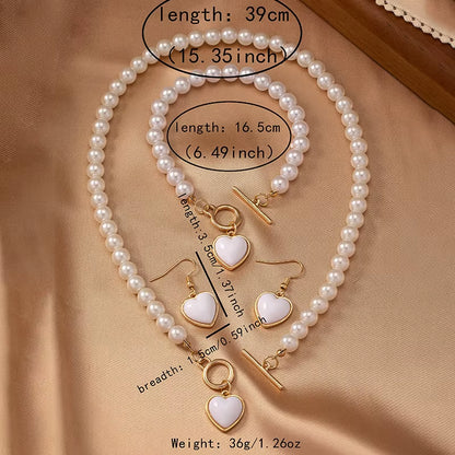 Elegant Pearl Heart Pendant Jewelry Set Light Luxury Fashionable Matching Necklace Bracelet 2Pcs Earring 3Pcs Party Wedding Gift