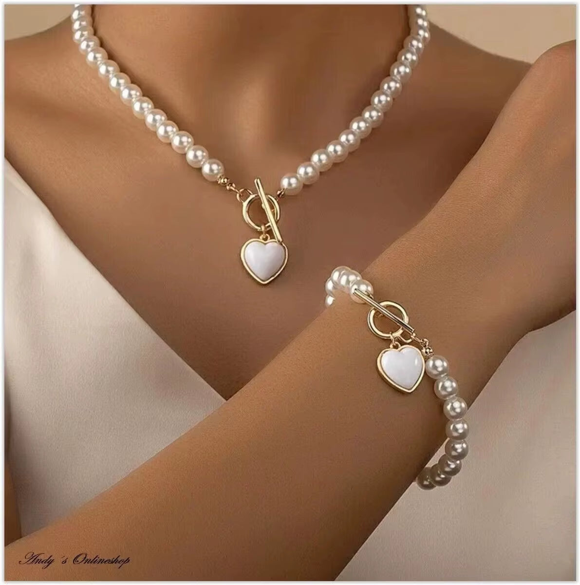 Elegant Pearl Heart Pendant Jewelry Set Light Luxury Fashionable Matching Necklace Bracelet 2Pcs Earring 3Pcs Party Wedding Gift