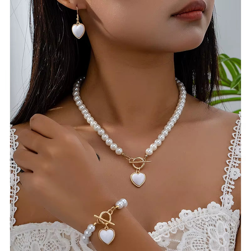 Elegant Pearl Heart Pendant Jewelry Set Light Luxury Fashionable Matching Necklace Bracelet 2Pcs Earring 3Pcs Party Wedding Gift